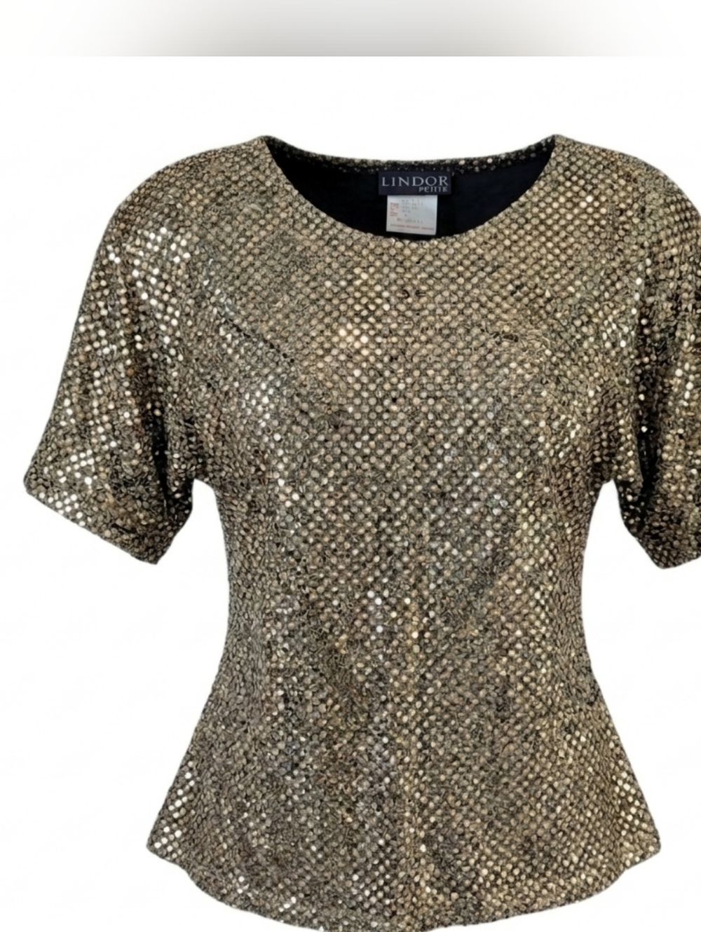 Vintage Lindor Party Evening Bling Gold Sequin Short Sleeve Women's Top Size M